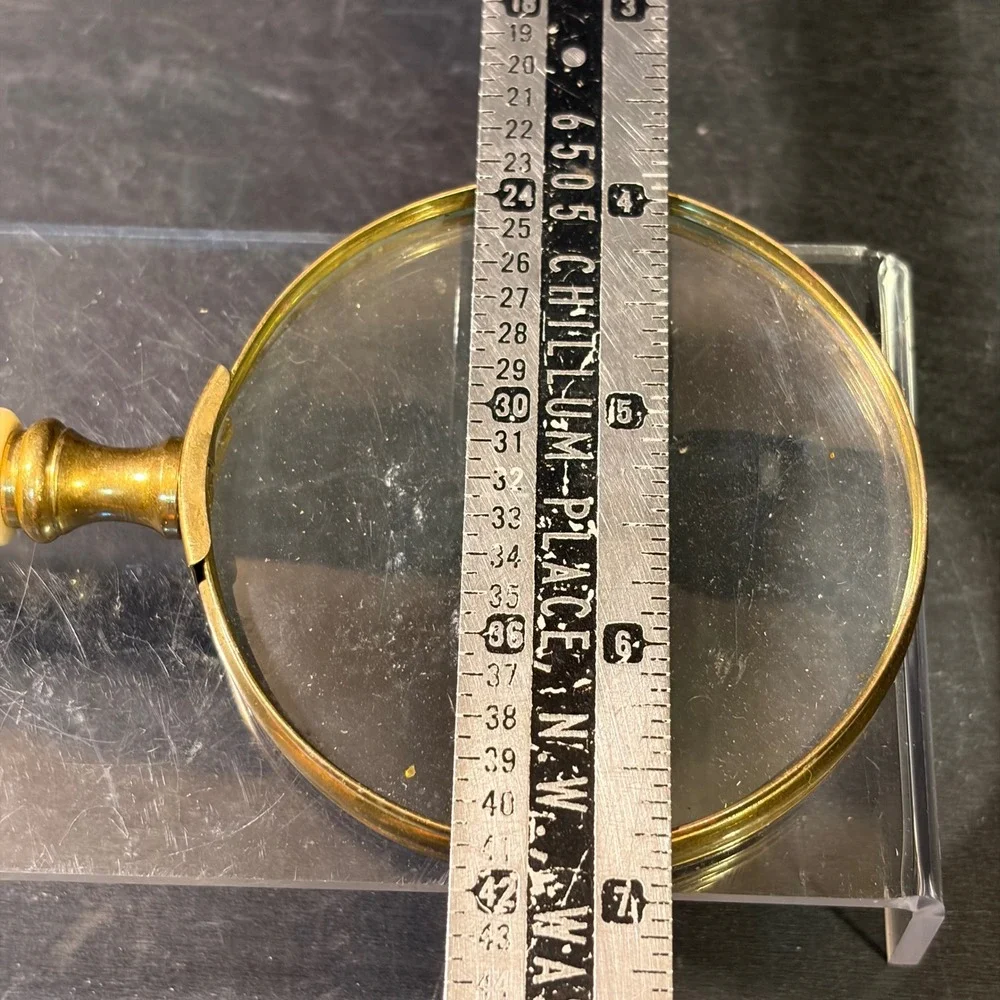 Vintage Brass Handheld Magnifying Glass Cream Turned Handle Large 4 Inch Lens